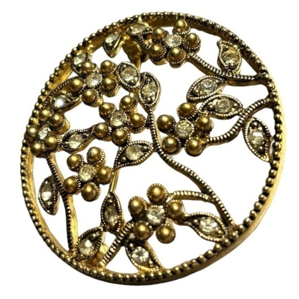 Vintage Monet Brooch Gold and Silver Circle of Flowers with Rhinestones
